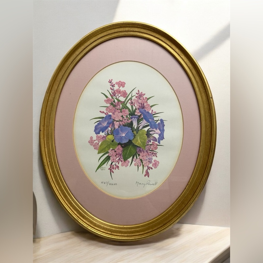Mary Powell Botanical Floral signed numbered matted lithograph gold oval frame